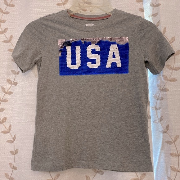 Oshkosh B’gosh gray USA flip sequins kids top short sleeve T-Shirt size 7 - Picture 7 of 11